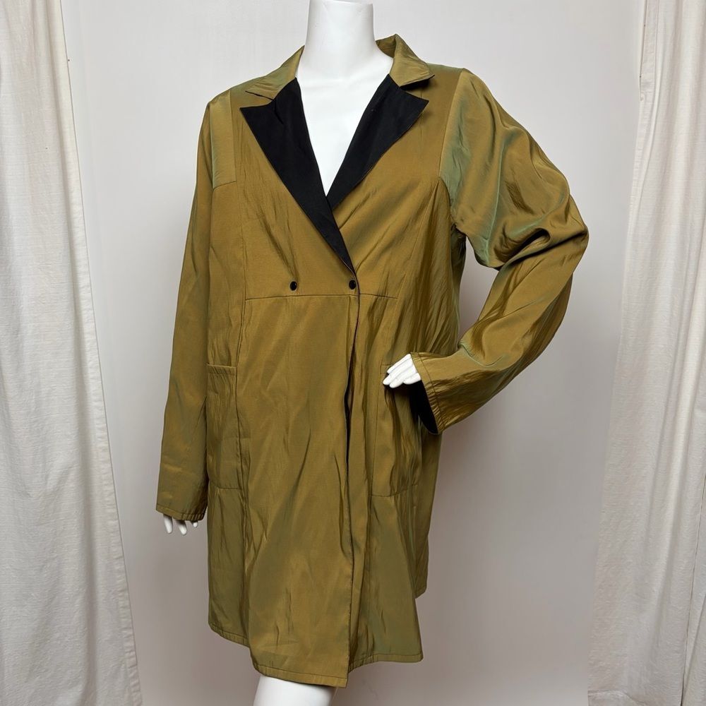 Babette Chartreuse Nylon Blend Coat with Black Collar Trim Women’s Size Medium